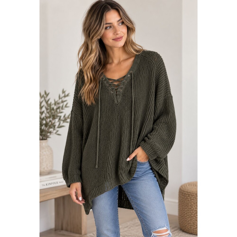 Fashion Nova Sweater Womens M Forest Green Lace Up Oversized Tunic Fairy Grunge